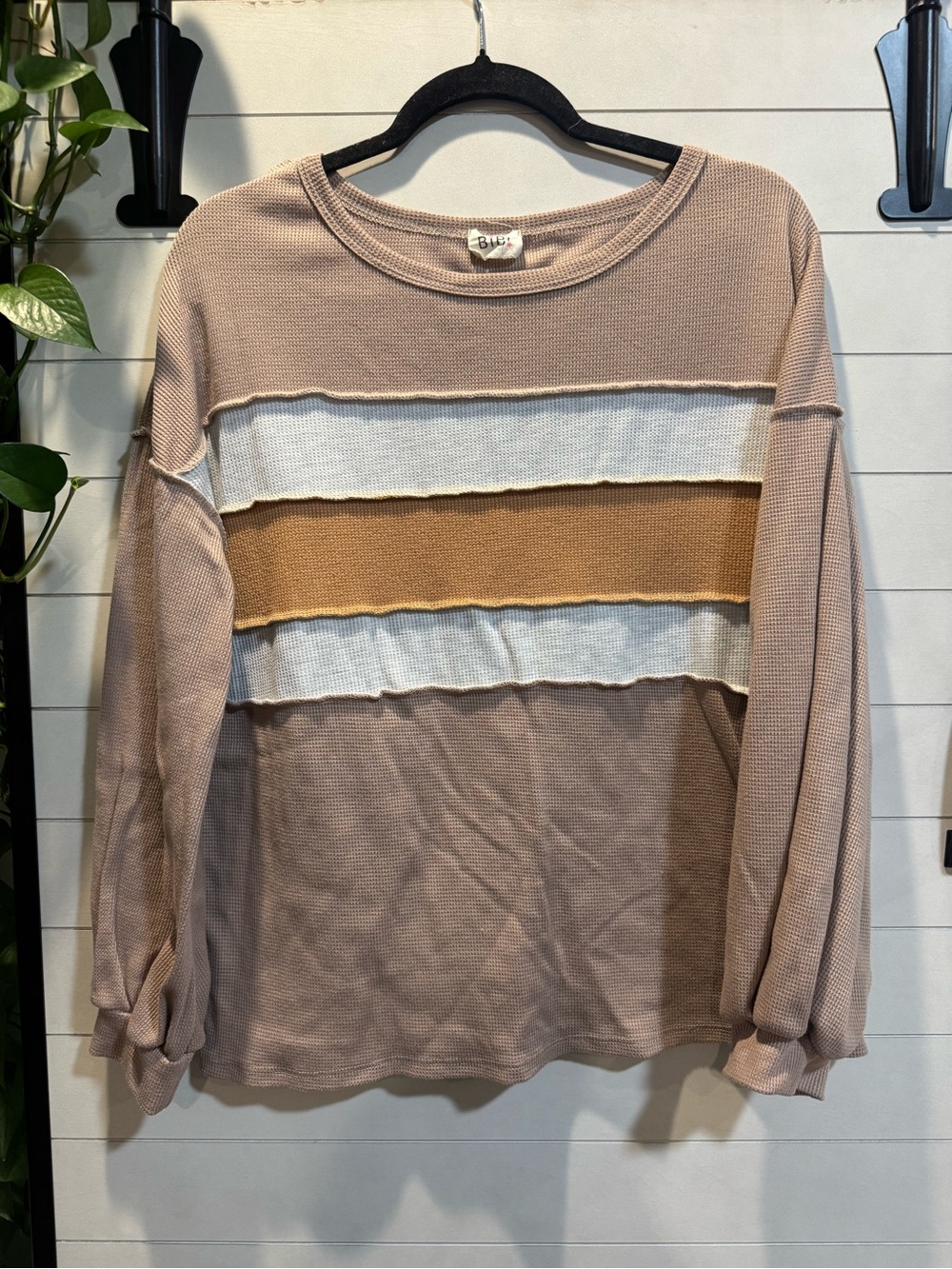 BiBi Waffle-Knit Stripe Pullover in Blush, White & Caramel